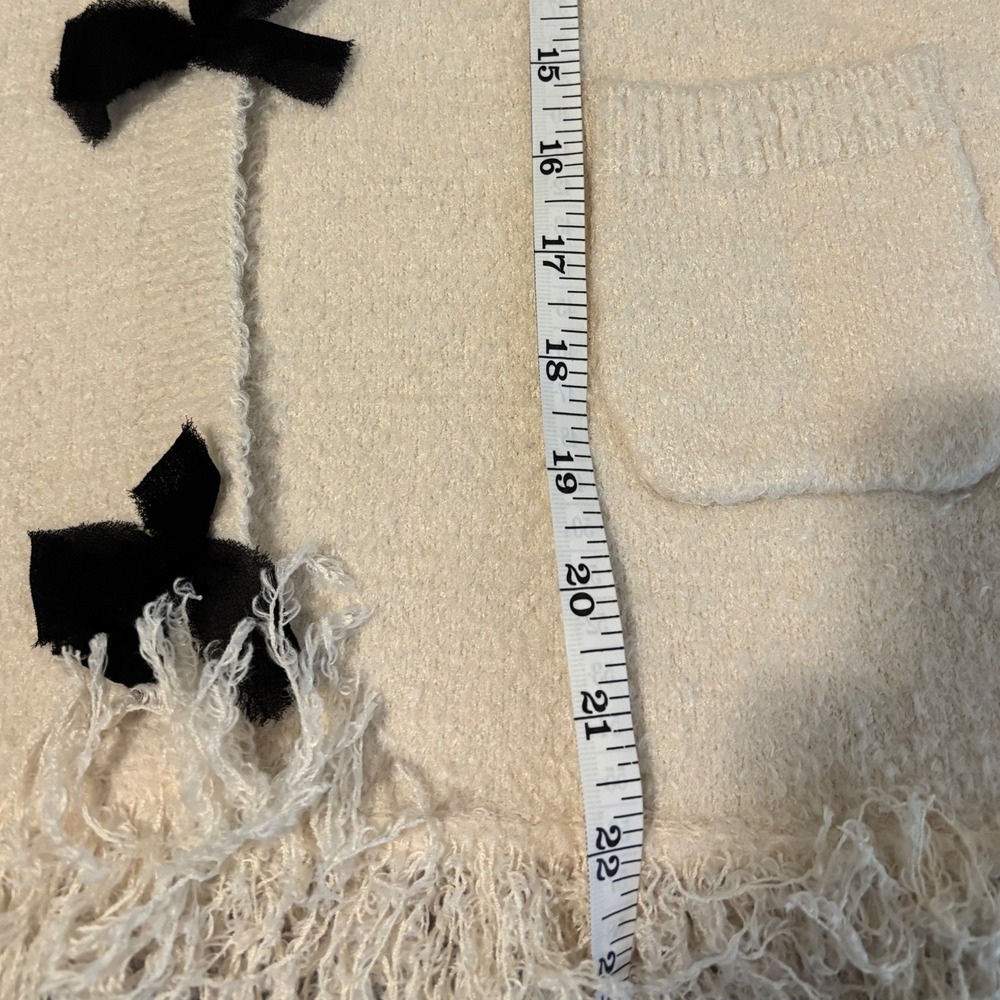 Zara Cardigan Women XL Cream Black Velvet Bows Fringe Trim Textured Knit Jacket - Picture 7 of 7